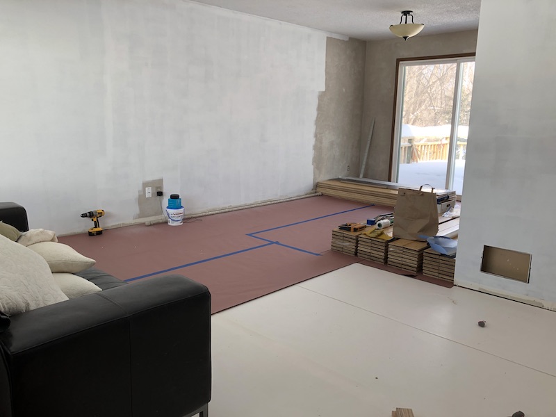 Dining Room with the new subfloor.