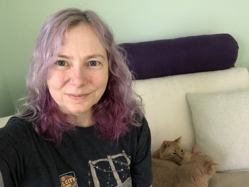 My fancy purple hair and snoozing cats.