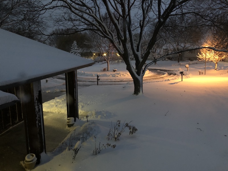 Snow falling outside the house Tues night.