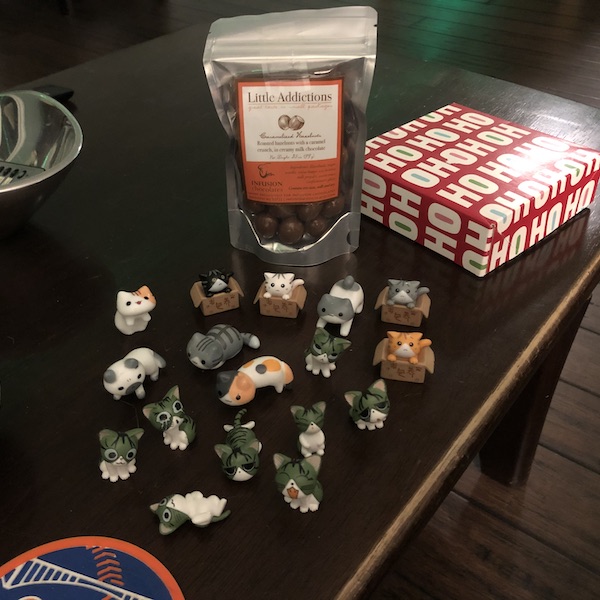 Hazlenut chocolates and little anime kitty figurines.