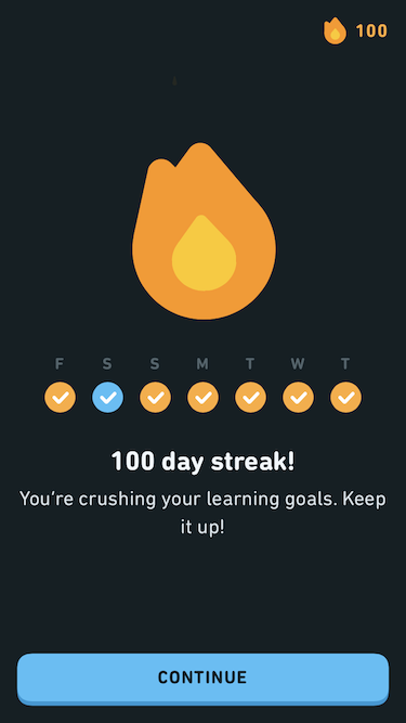 100 days on Duolingo.