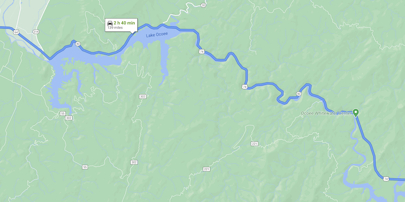 Map between Chatanooga & Franklin from Google Maps