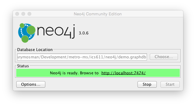Screenshot of initial screen showing database started with connection URL.